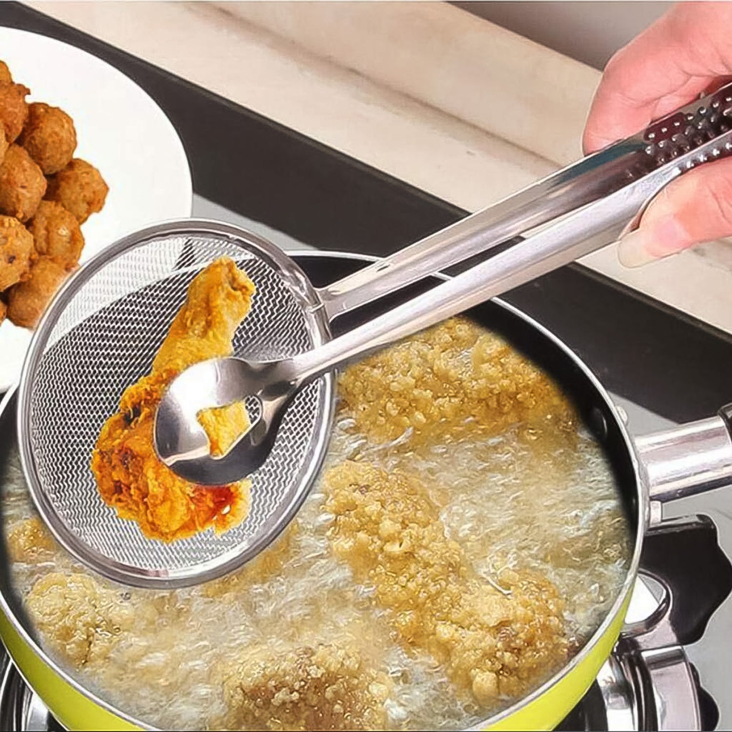 2In1 Stainless Steel Filter Spoon with Clip Food Kitchen Oil-Frying Multi-Functional