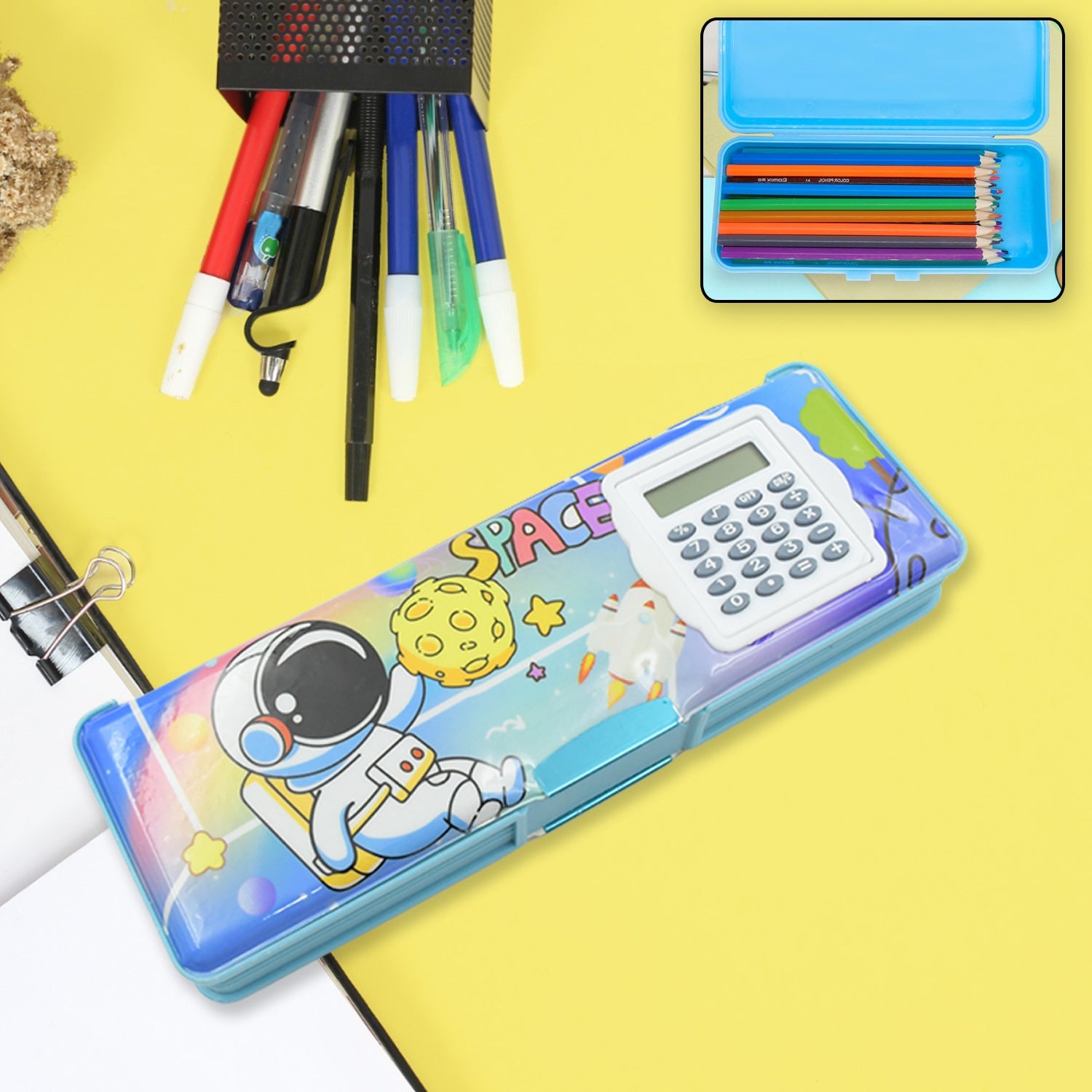 Magnetic geometry box with calculator and art supplies