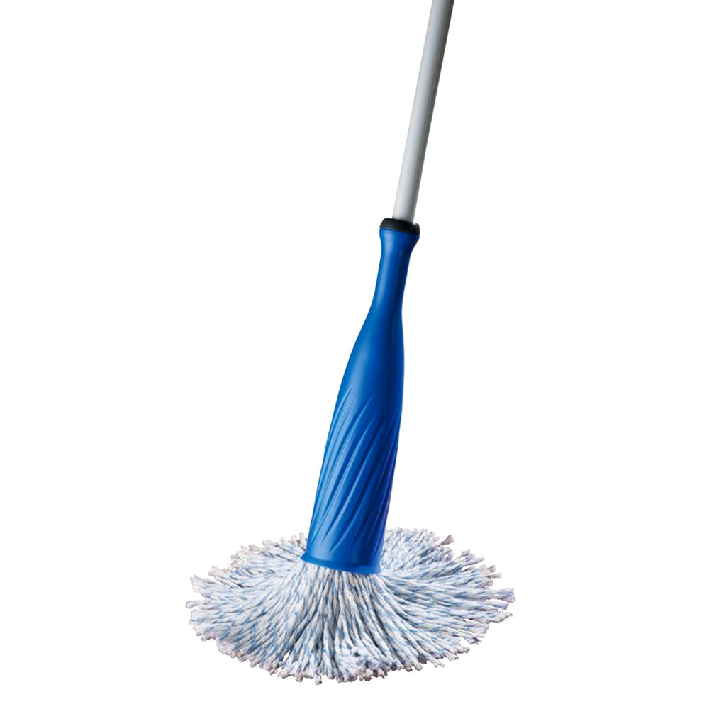 Cotton mop on wooden rod, perfect for cleaning bottles and jars.