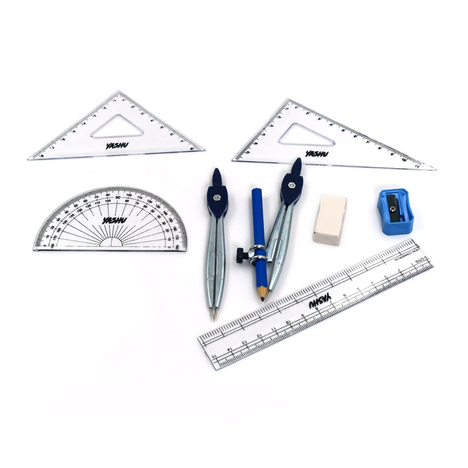 Comprehensive geometry box with drawing and measuring tools.