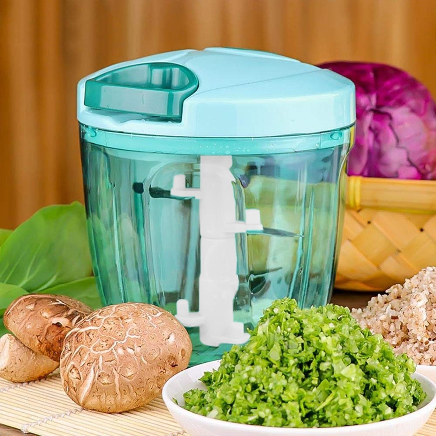 2-in-1 manual vegetable chopper with 6 blades, compact design