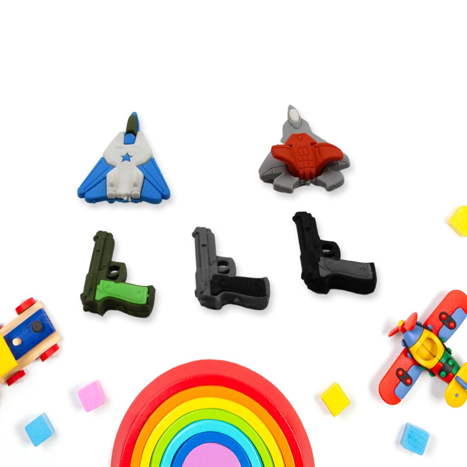 Gun and plane shape erasers set