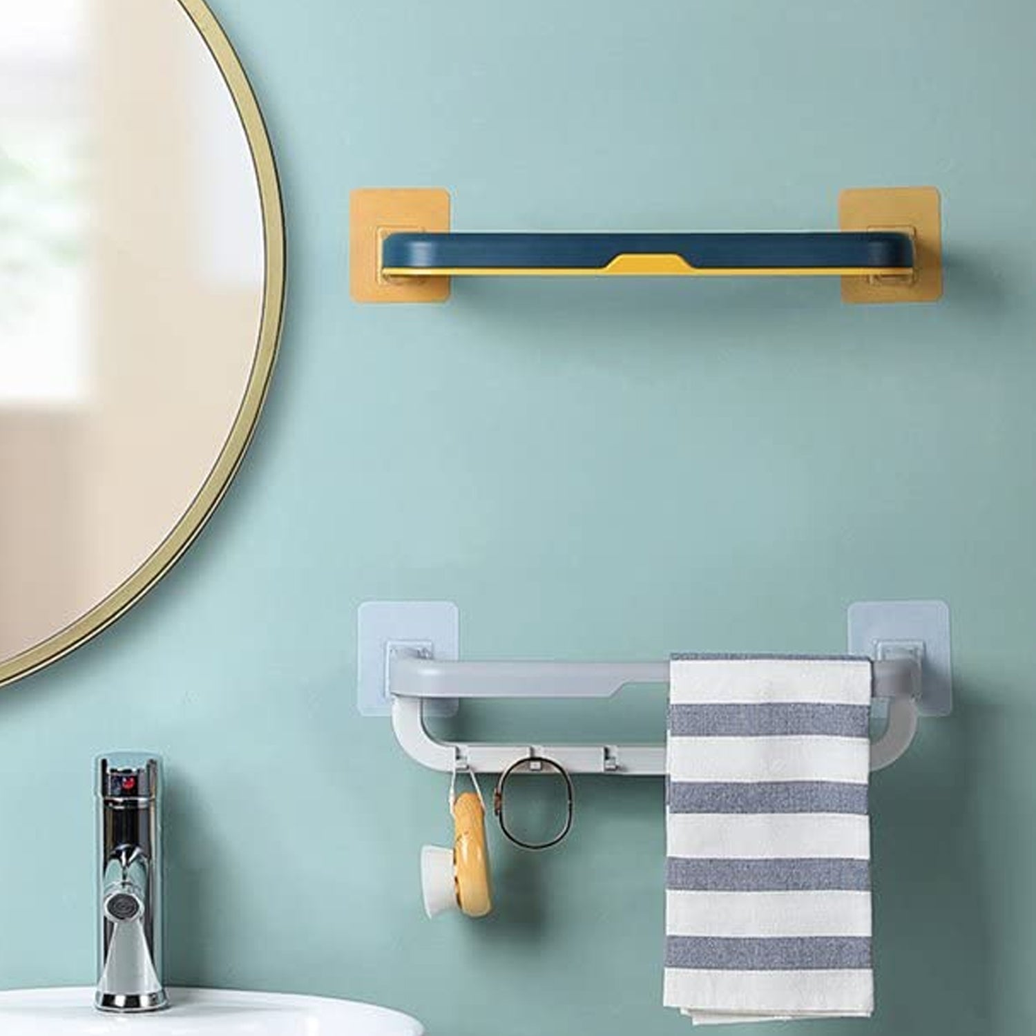 Wall-Mounted Double Bar Towel Holder with Hooks & Adjustable Folding Shelf