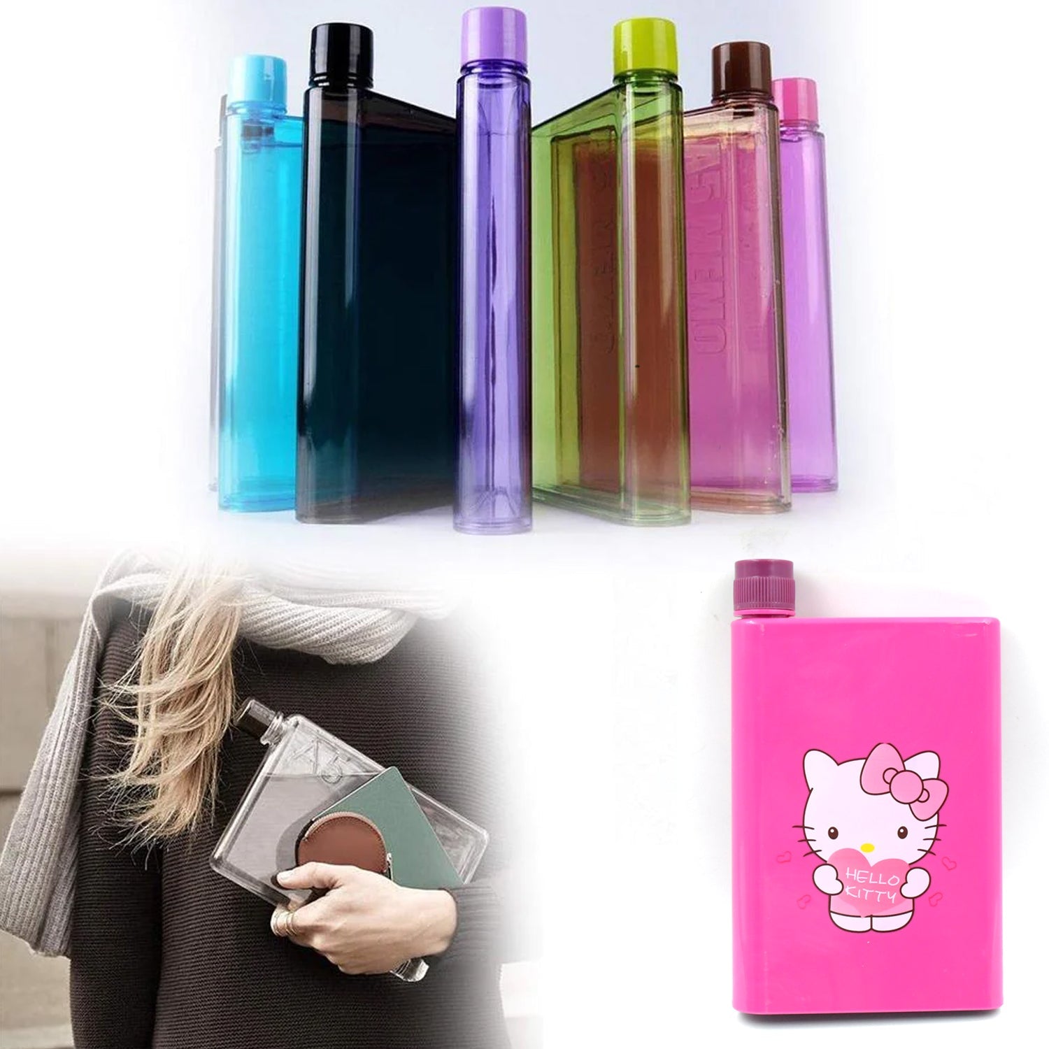 Kitchen Storage A5 size Flat Portable NoteBook Shape Water Bottle With a Cartoon Character Design-Hello Kitty - For School Outdoors and Sports Return Gift/Birthday Gift (1 Pc 420ML)