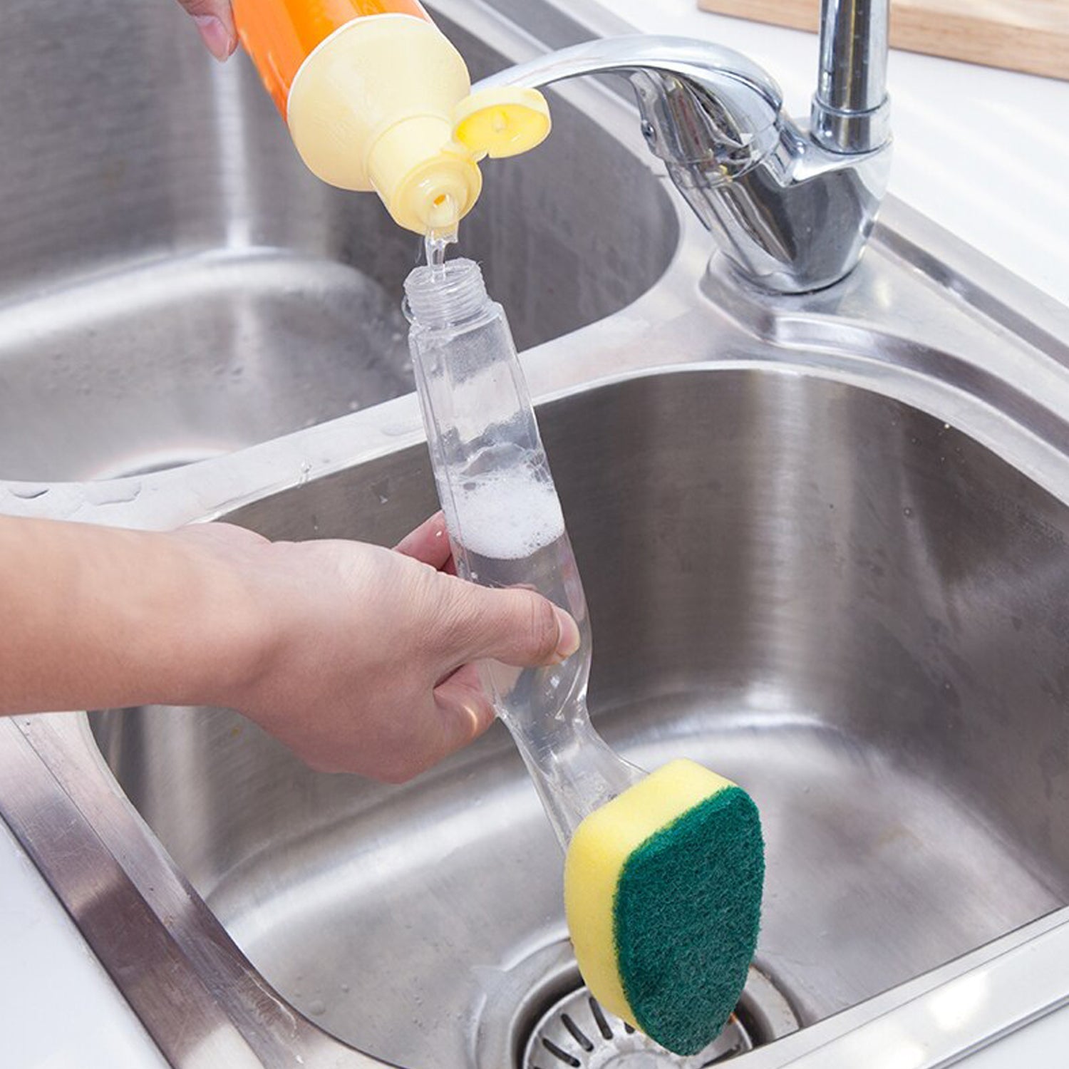 Versatile liquid dispensing scrub for maintaining shiny kitchen tools