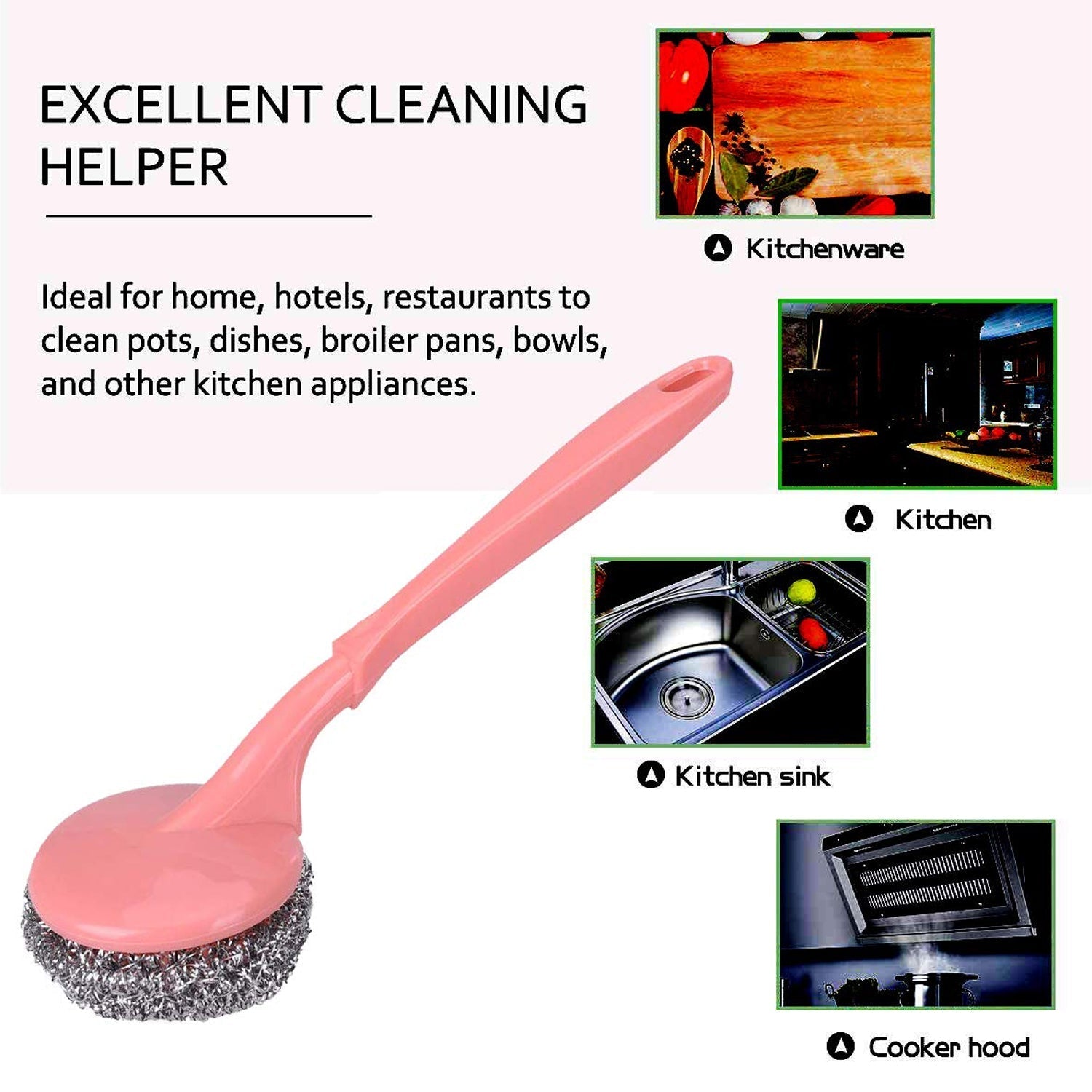 Kitchen scrubber with handle, effective for cleaning and removing hard stains.