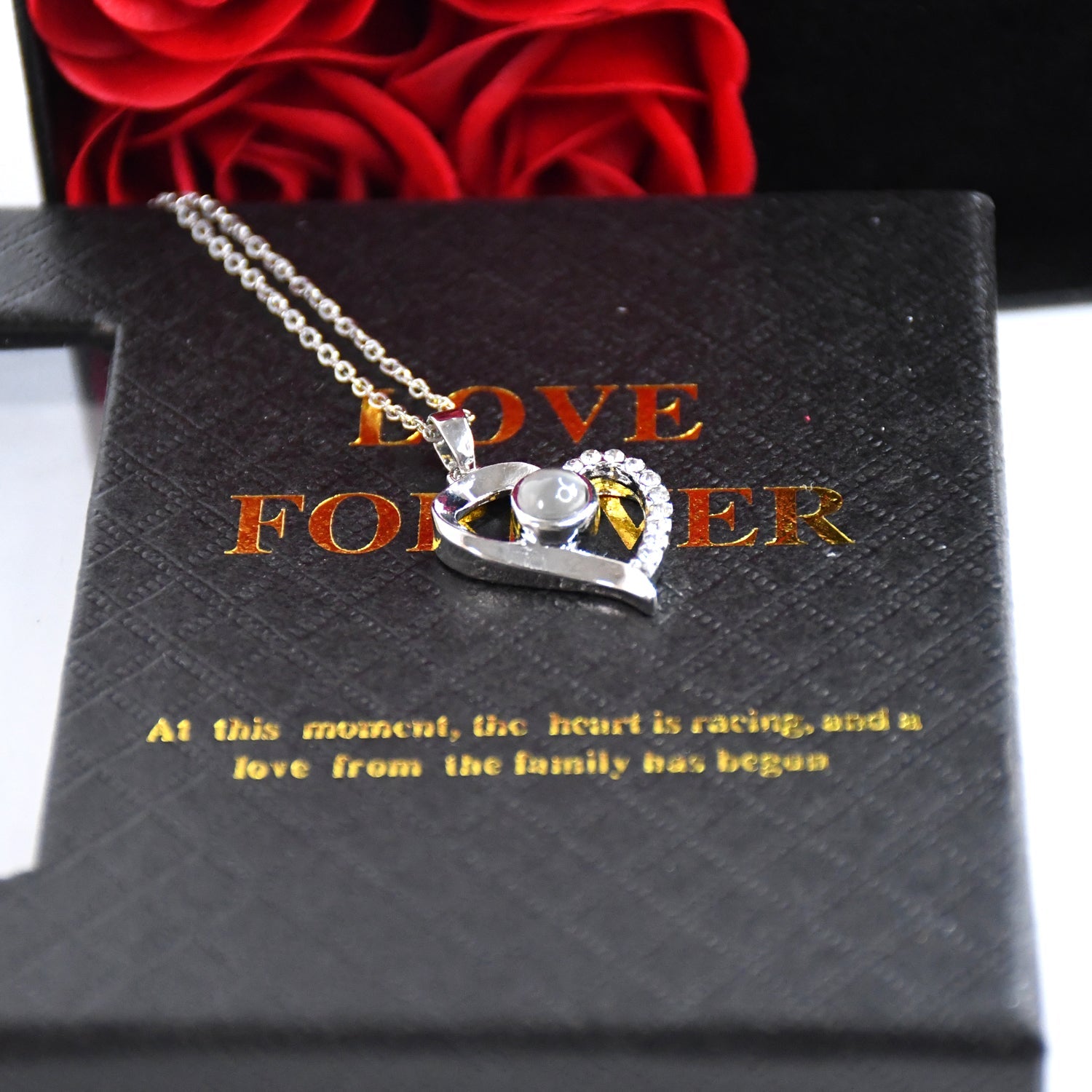 Rose Flower Gift Box, Handmade Eternal Rose with I Love You Necklace, Valentine's Day,