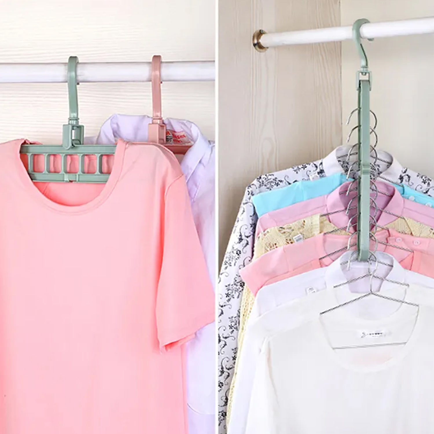 Clothes organization hanger hooks for wardrobe and balcony use.