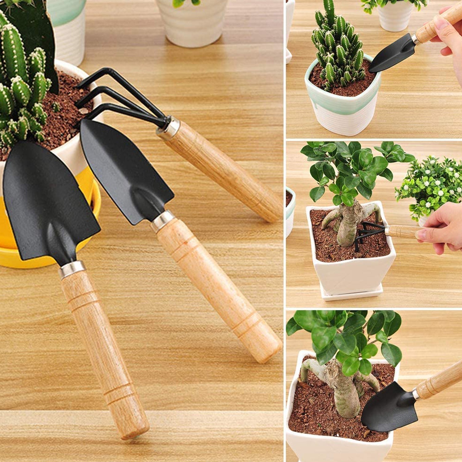 Set of 3 garden tools, includes small hand cultivator, trowel, and garden fork.