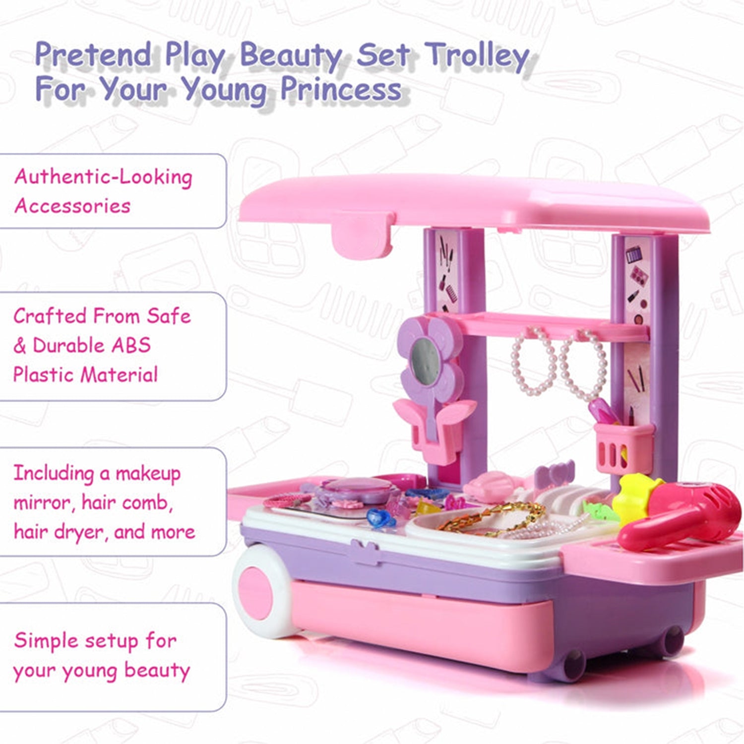 Big Beauty Set Suitcase On Wheel, The Ultimate Beauty Set On Wheels for Girls, Makeup Kit is Easy to Clean & Use, Portable Beauty Set with 25 Pieces for 3 Years BIS Approved. (Beauty Set Trolley)