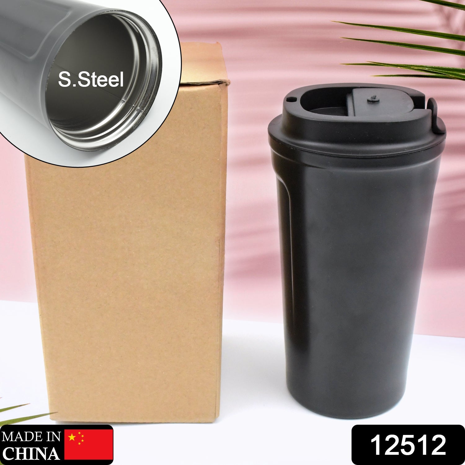 Leak-proof travel mug with vacuum insulation for hot and cold drinks.