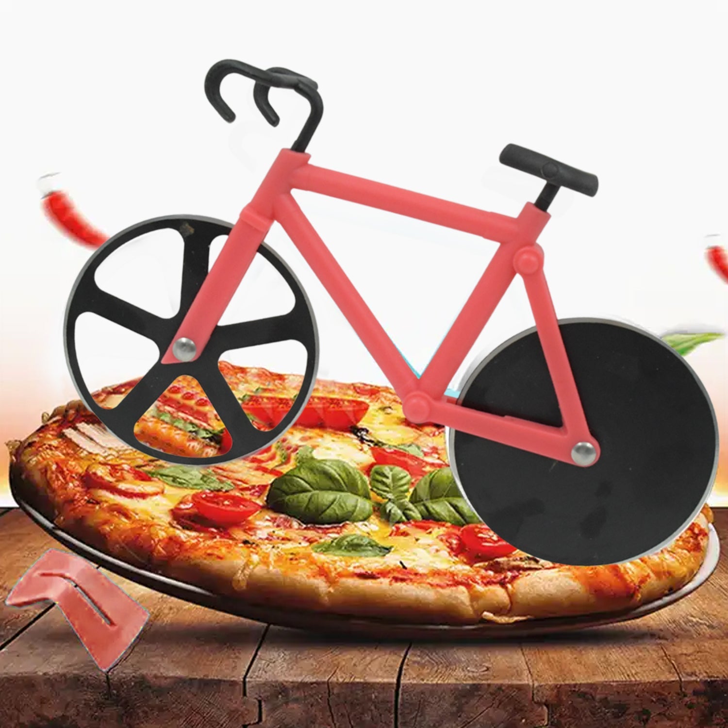 Bicycle-themed pizza cutter with strong stainless steel blades for easy slicing.