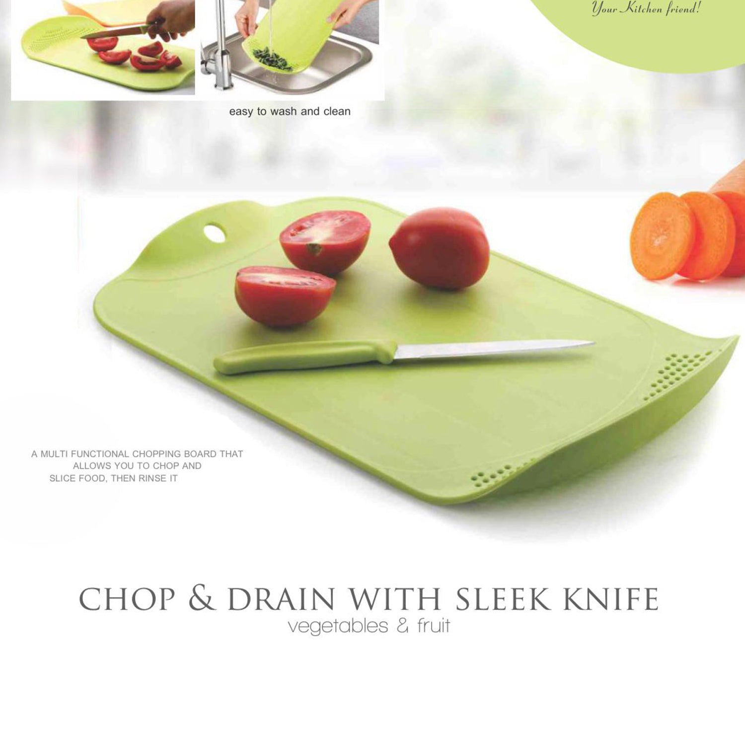 Chopping board with knife for easy food preparation