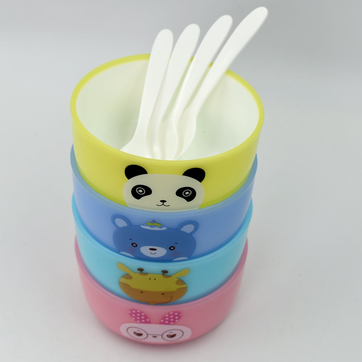 Colorful cartoon bowls set with spoons, 4 pieces for kids