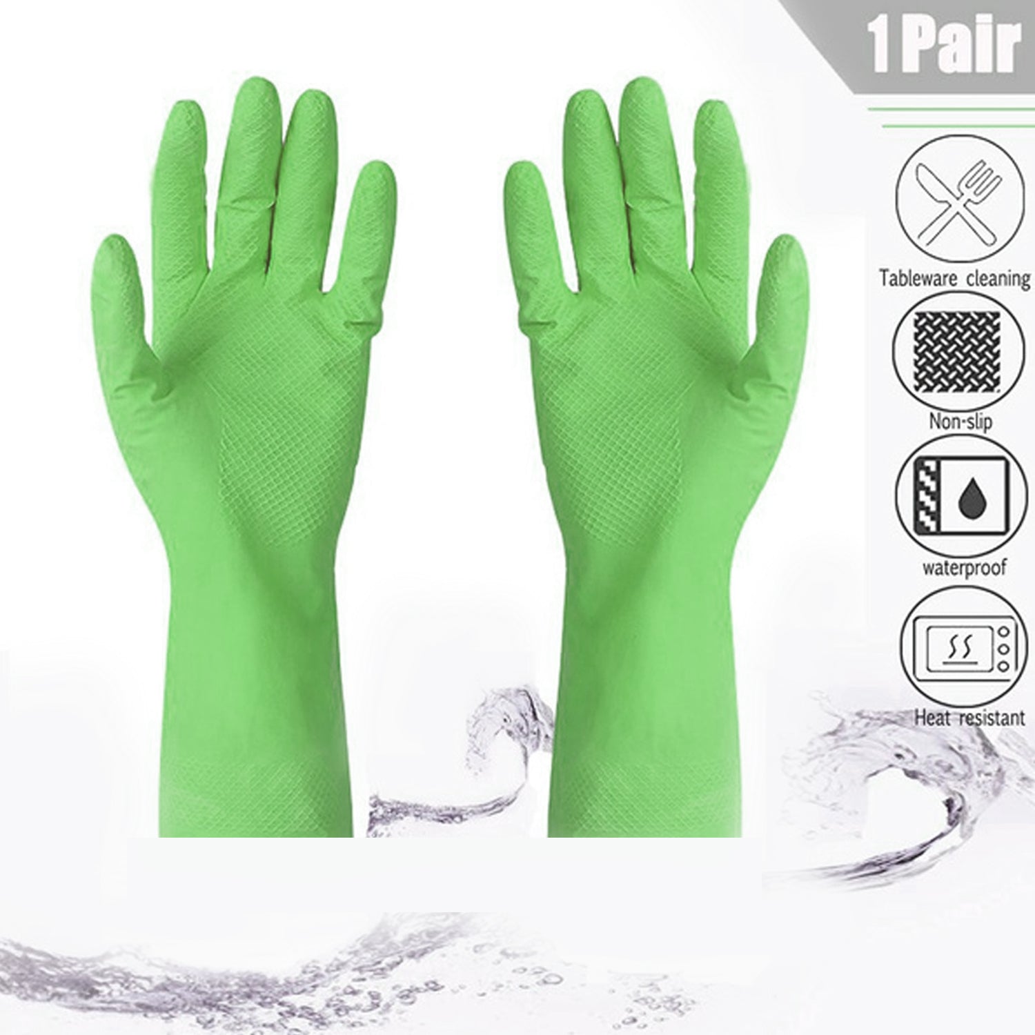 Household cleaning gloves made of rubber, green color.