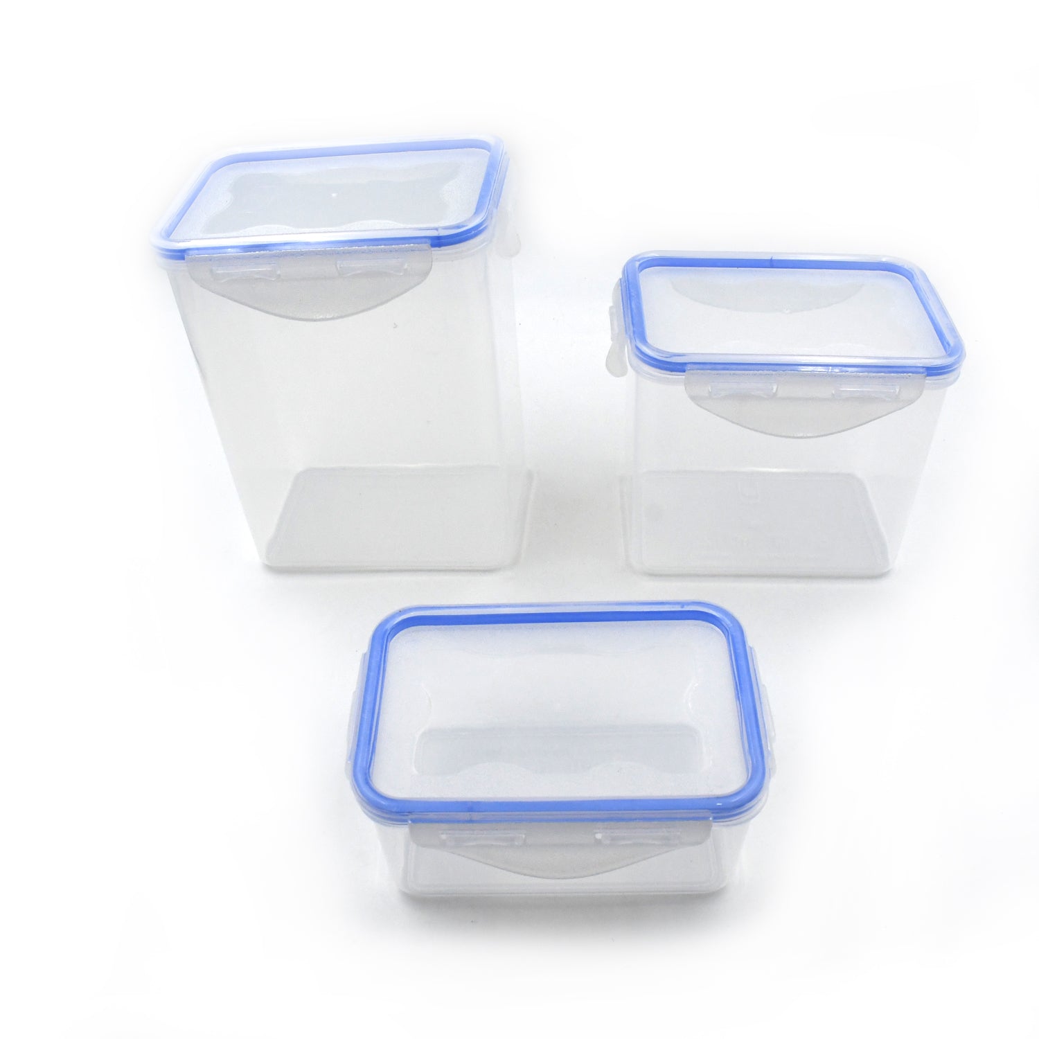 Plastic storage jars with air-tight lids for kitchen use.