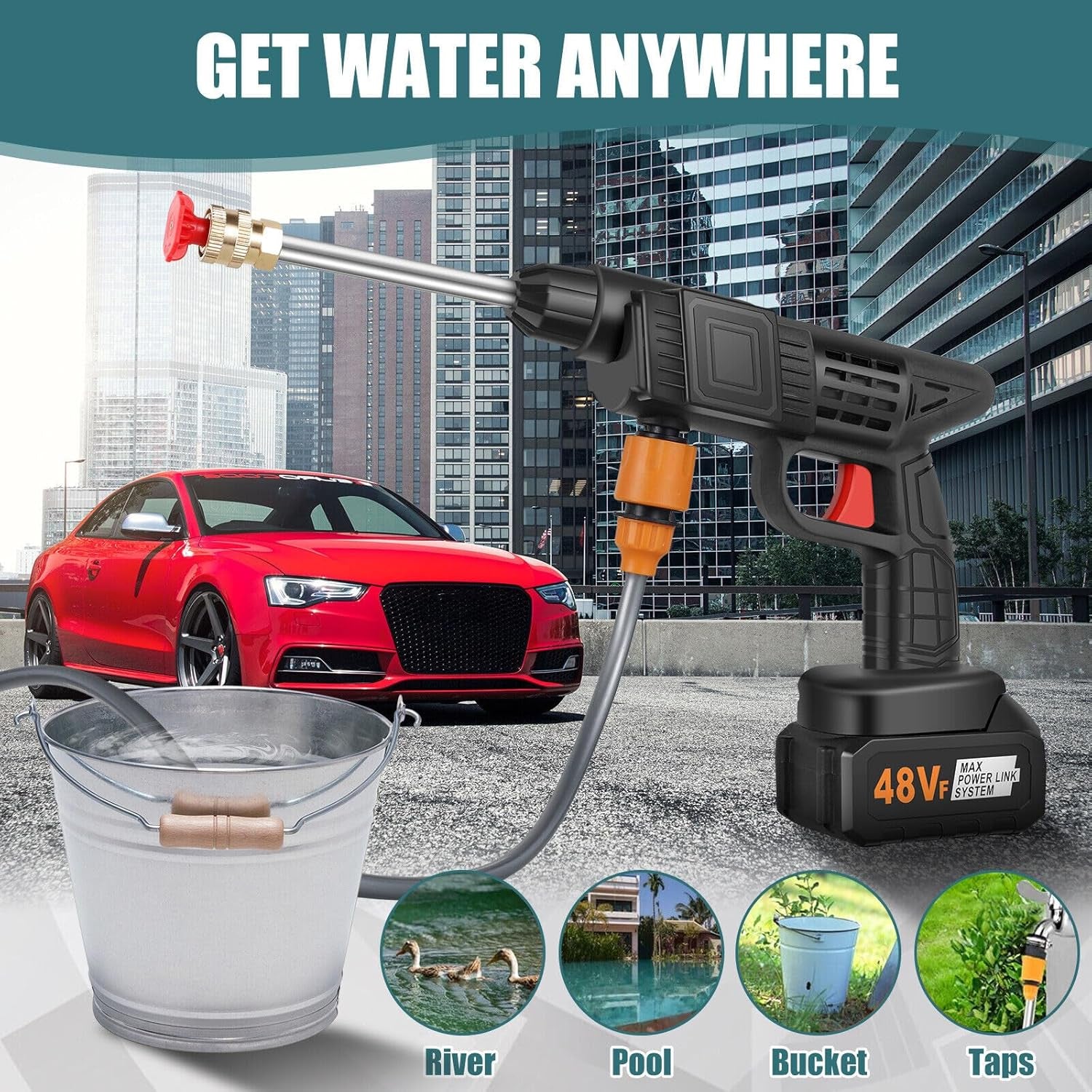 48V Car Washer Gun Wireless High Pressure Washer Water Spray Gun, Car washing Kit