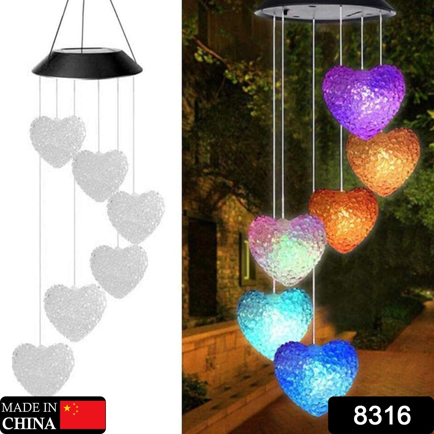 Outdoor wind chimes with solar LED lights, ideal for adding charm to your garden.