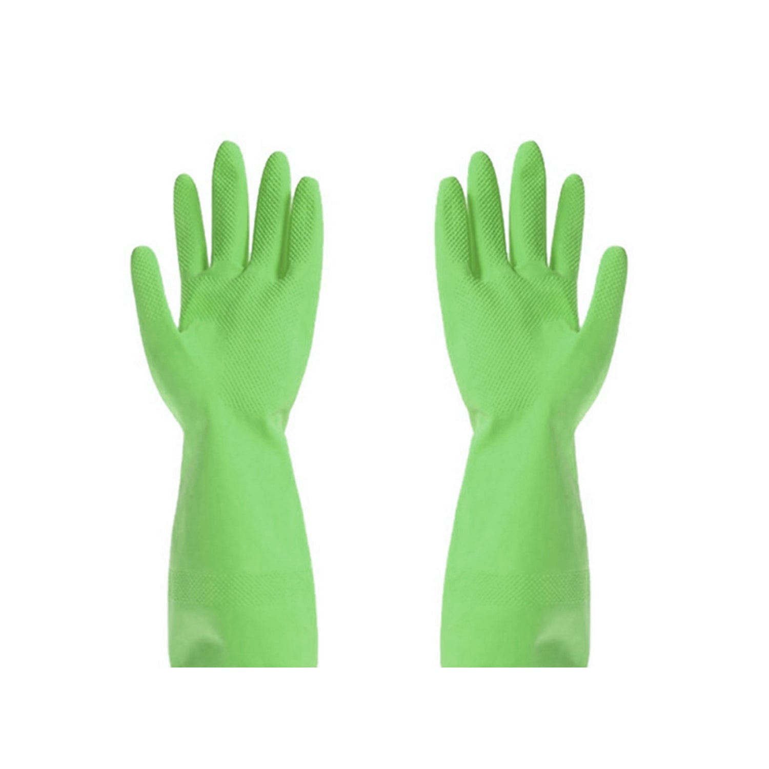 Green rubber gloves designed for cleaning purposes.