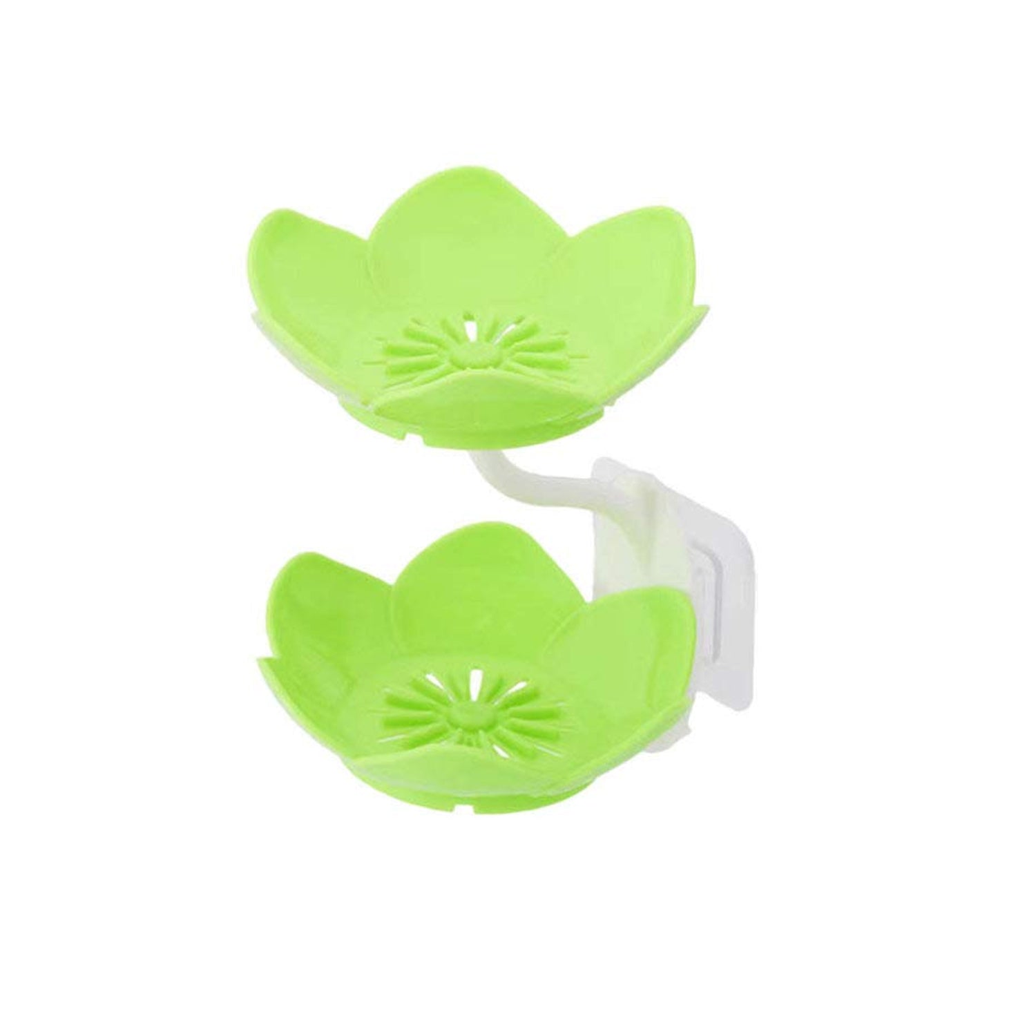 Flower-shaped soap dish, self-draining for use in bathroom, kitchen, or bathtub.