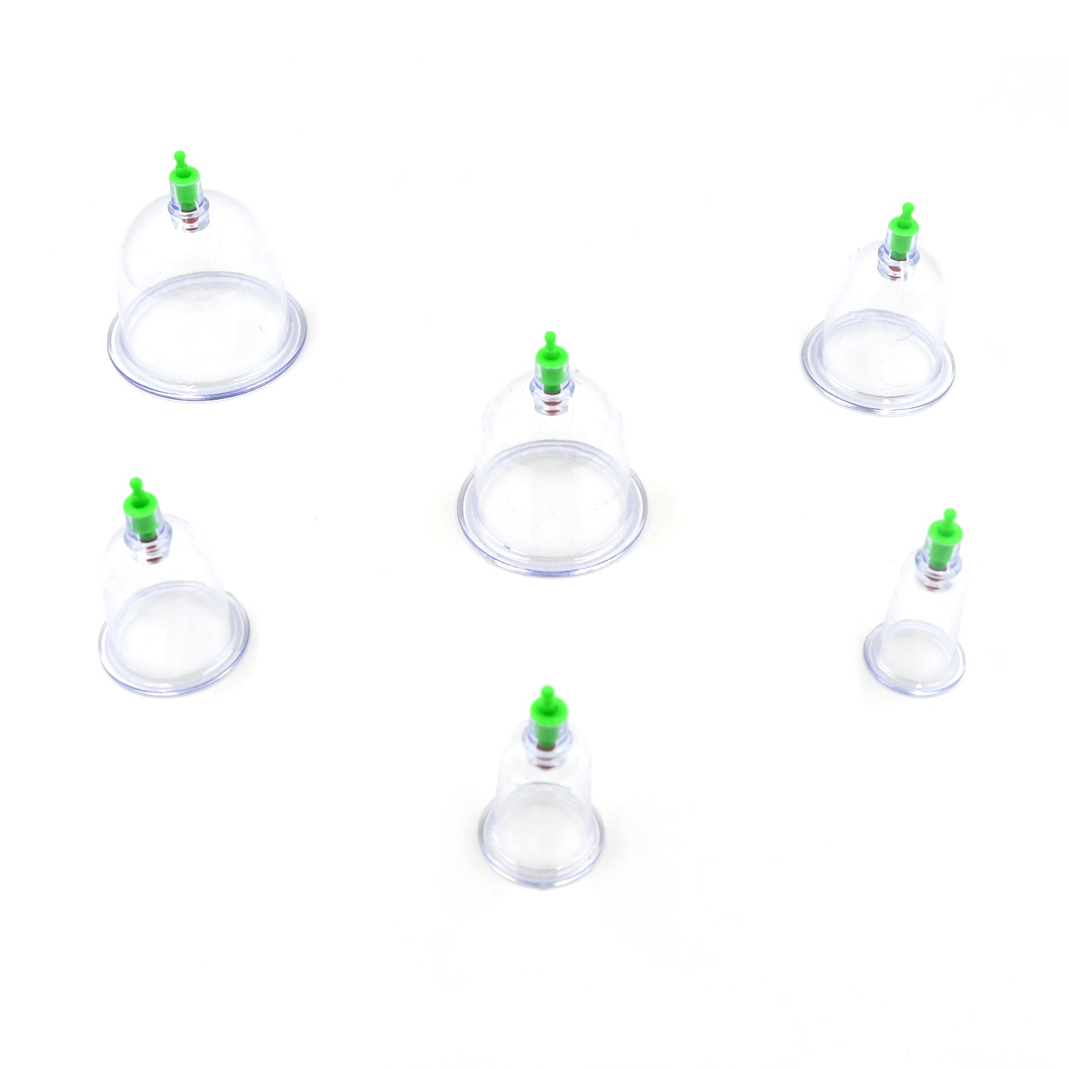 Vacuum cupping set for massage therapy with multiple suction cups.