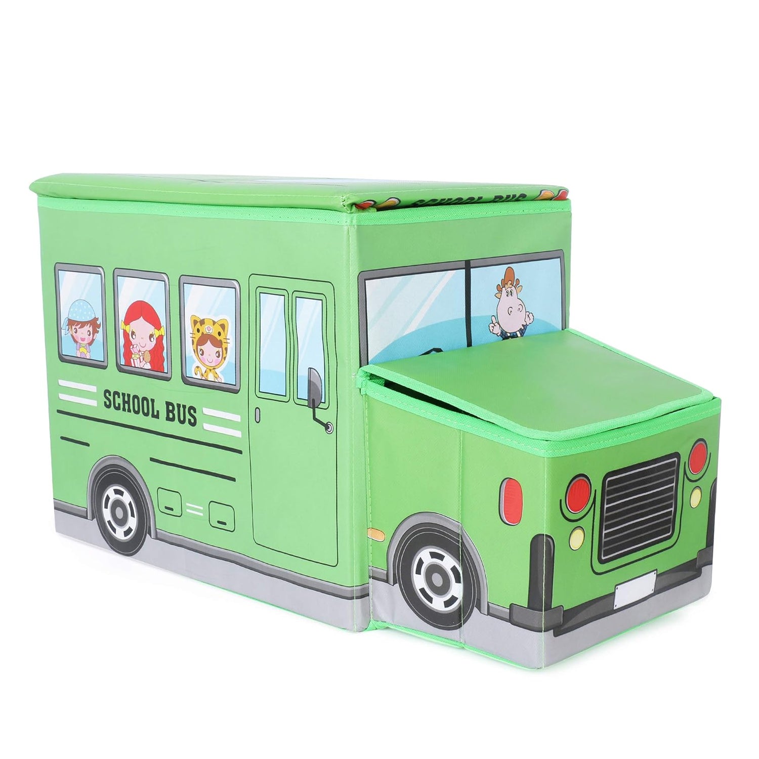 Foldable toy storage box in bus shape with lid and colorful design for kids