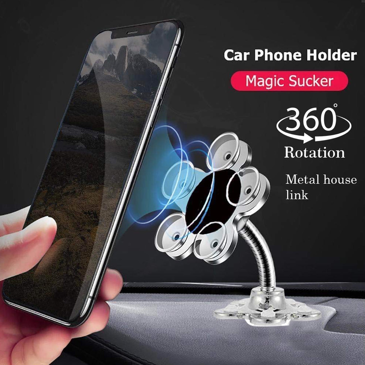 Suction cup phone holder with 360-degree rotation.