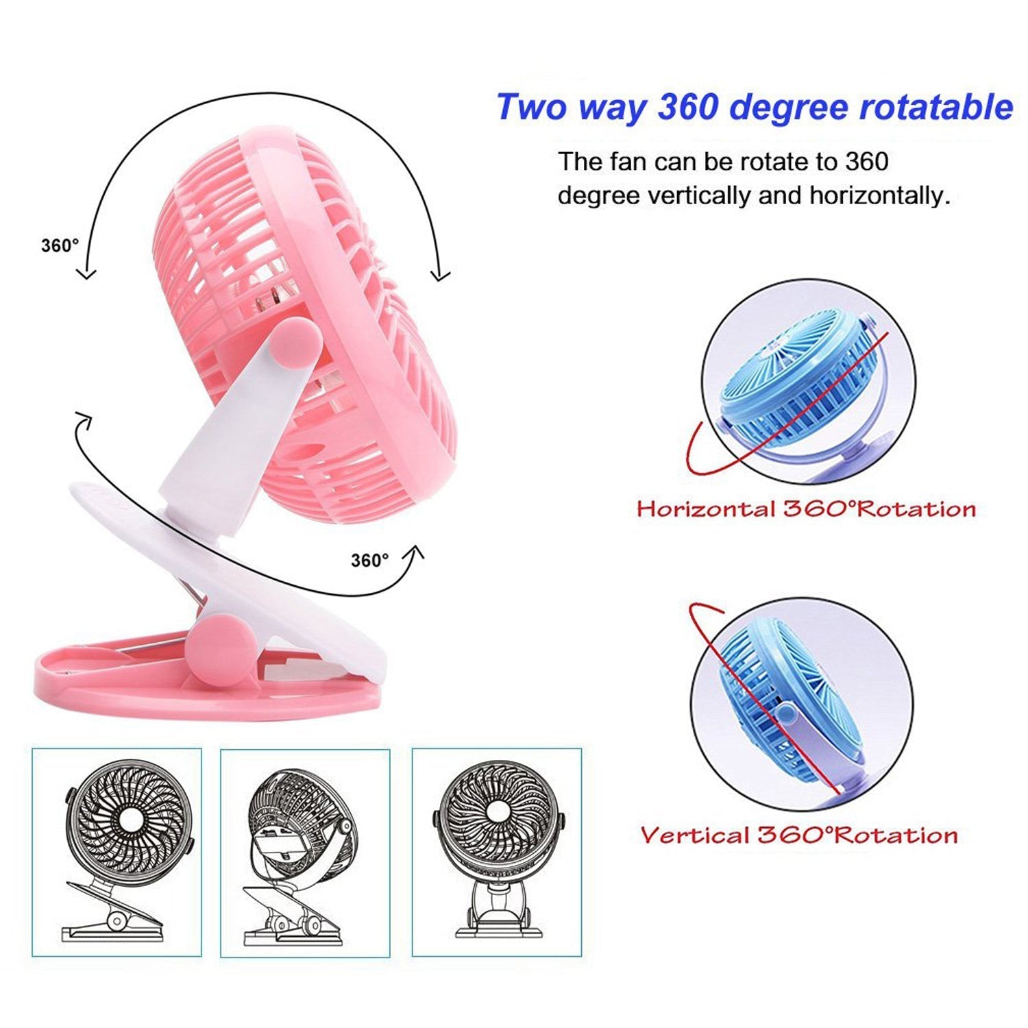 Portable mini fan with clip for easy attachment to various surfaces