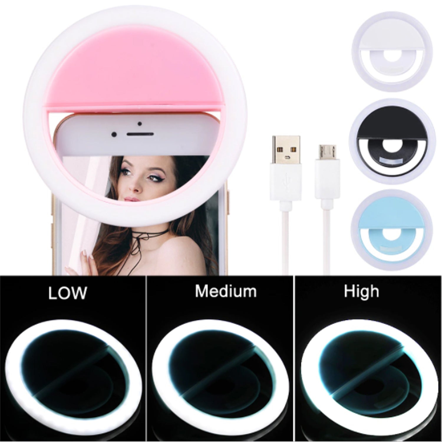 Selfie ring light, full view with adjustable settings