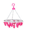 Round drying stand with 24 multicolour clips for hanging clothes.