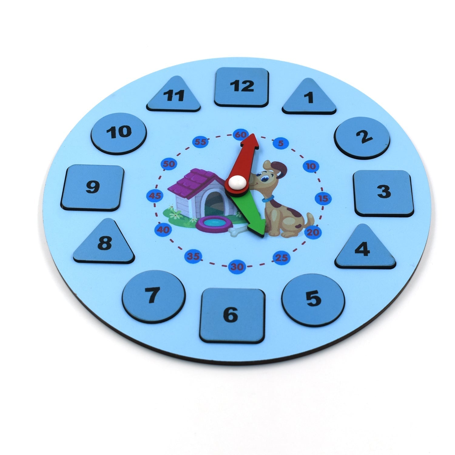 Wooden clock toy with clear numbers and hands for educational play.