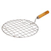 Round stainless steel barbecue grill with wooden handle.