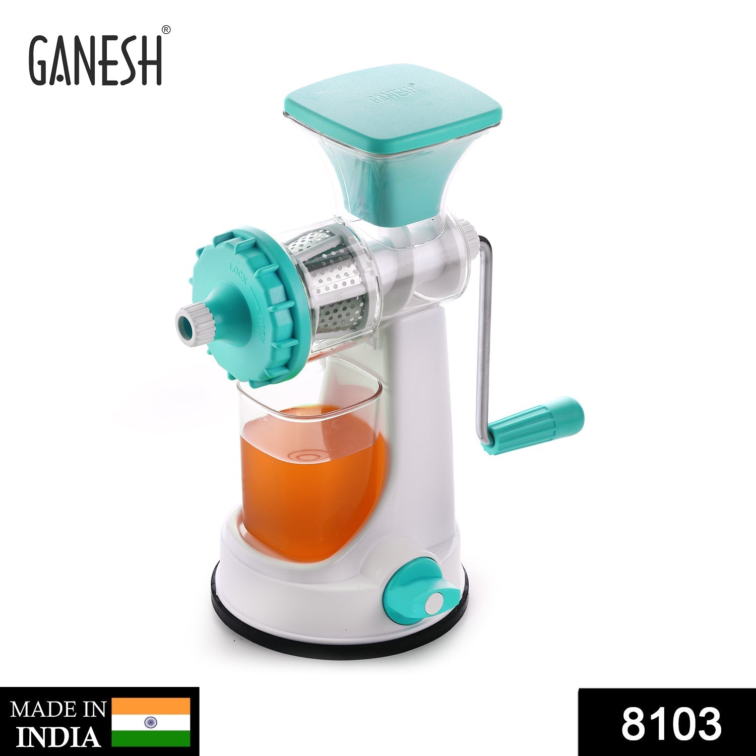 Plastic hand juicer by Ganesh in random colors, including green, blue, red, orange, different views.