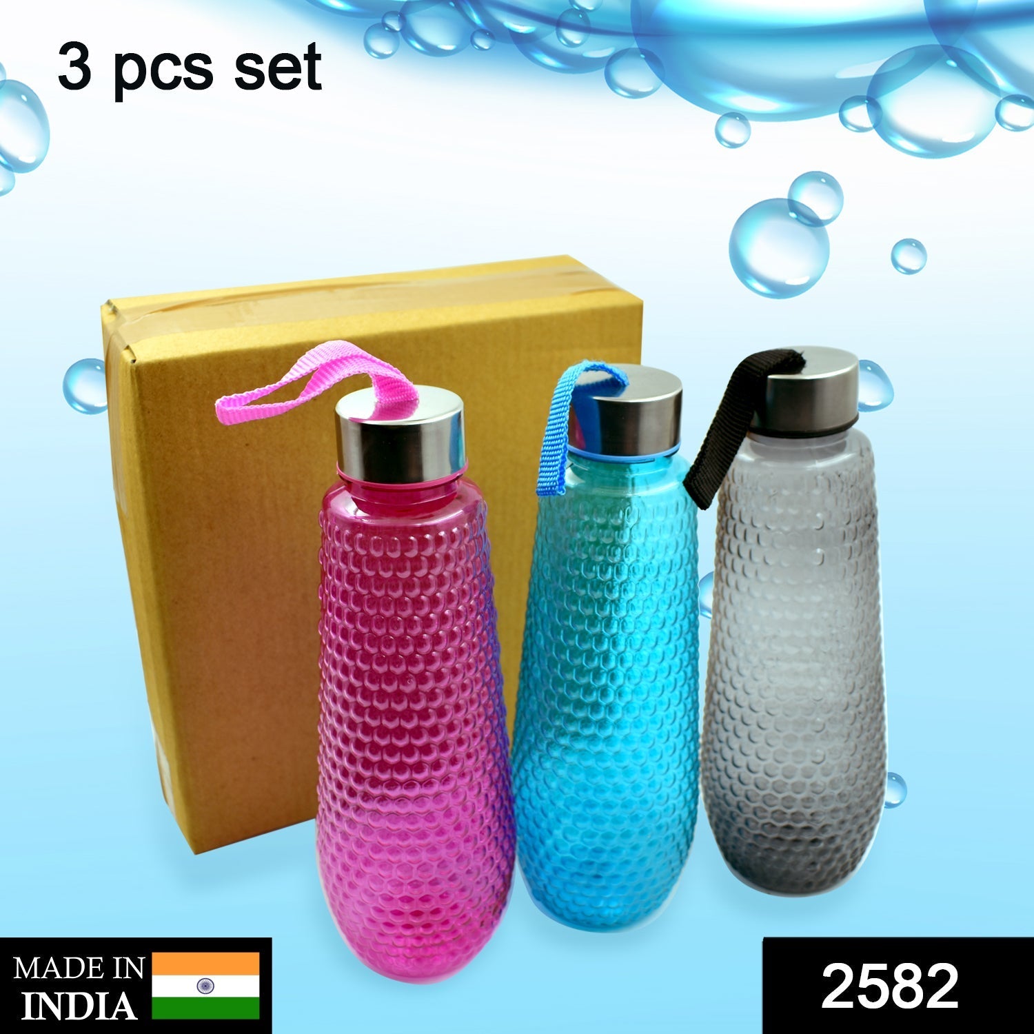 Set of 3 plastic water bottles with steel finish caps, each 1 liter