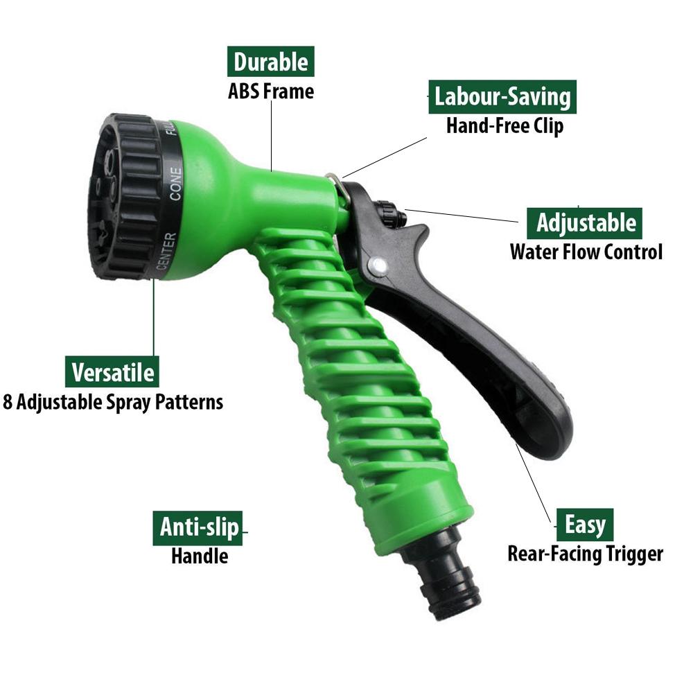 Plastic hose nozzle with multiple spray settings.