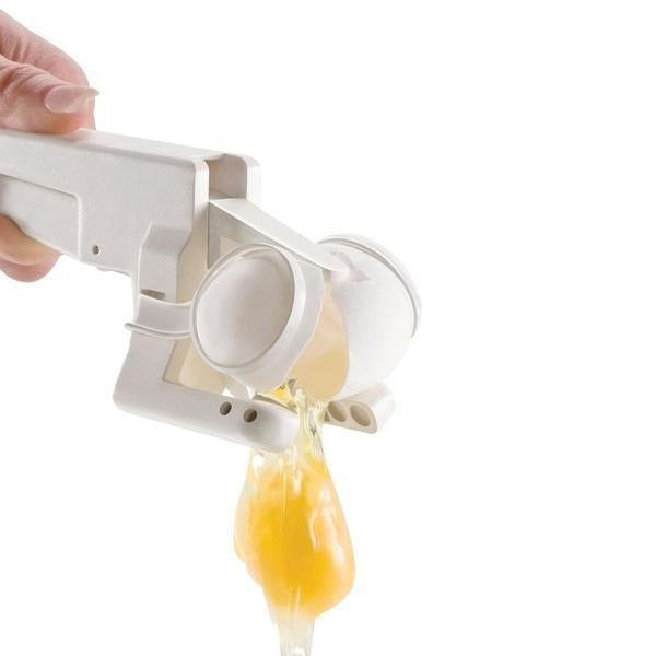 Plastic egg cracker with separator, handheld.