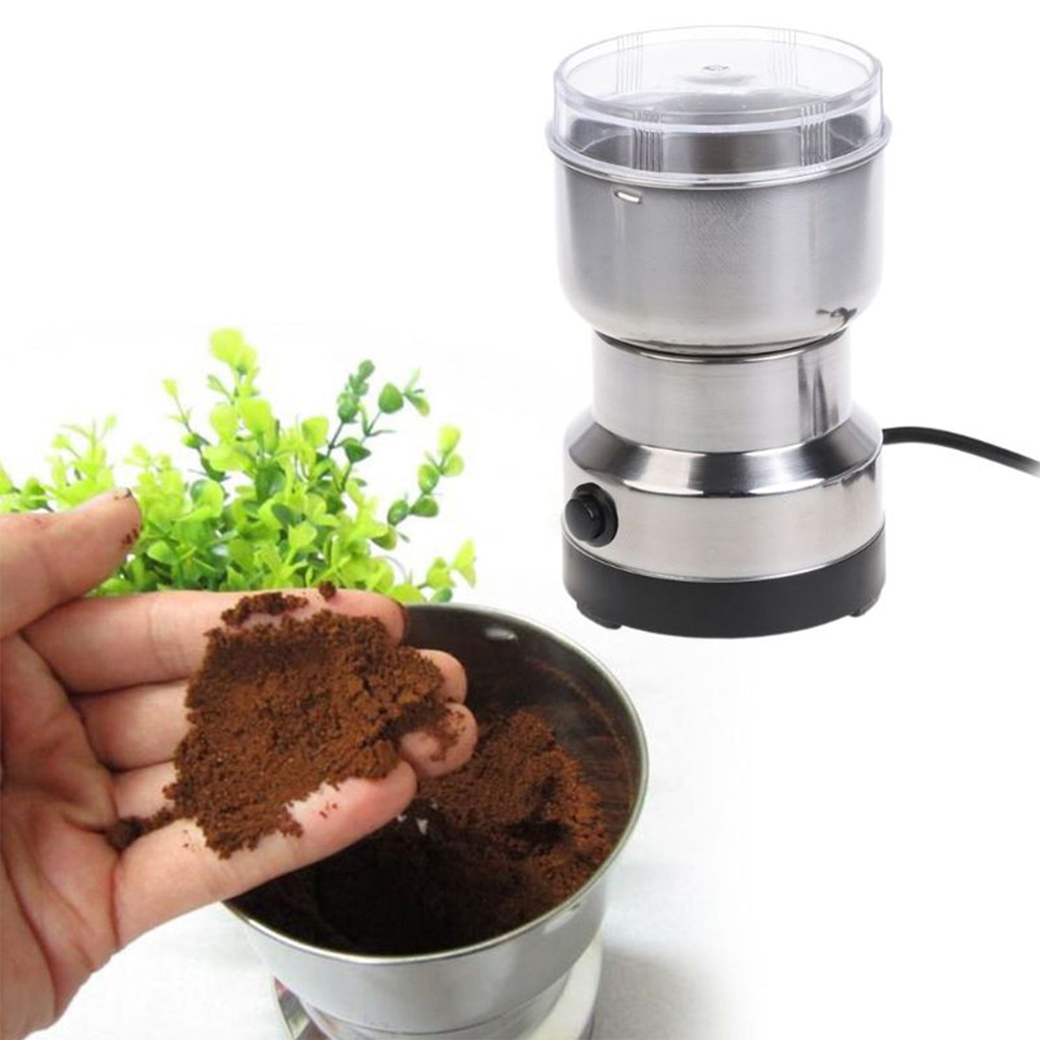 Electric spice grinder with stainless steel bowl for home use.