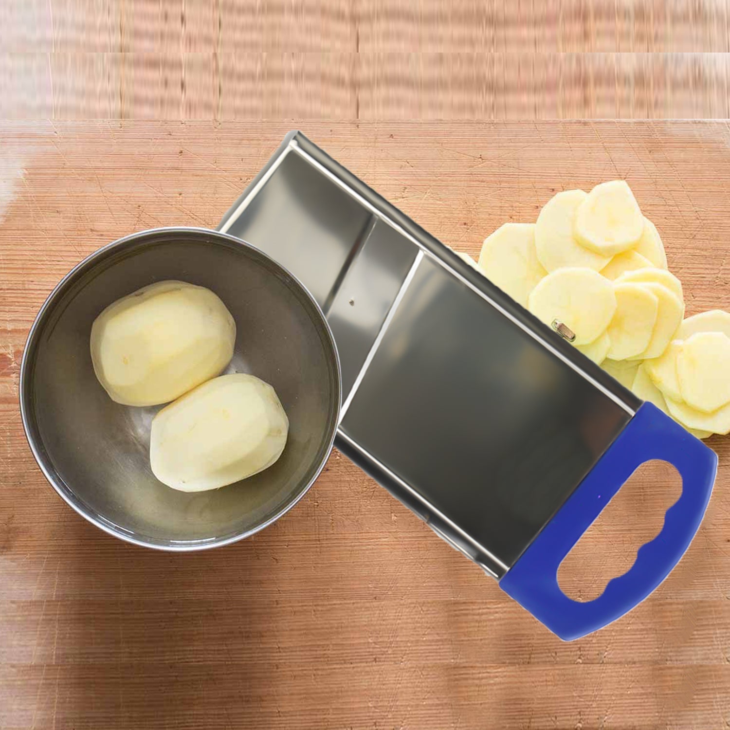 Household potato slicer for easy and efficient slicing of potatoes.