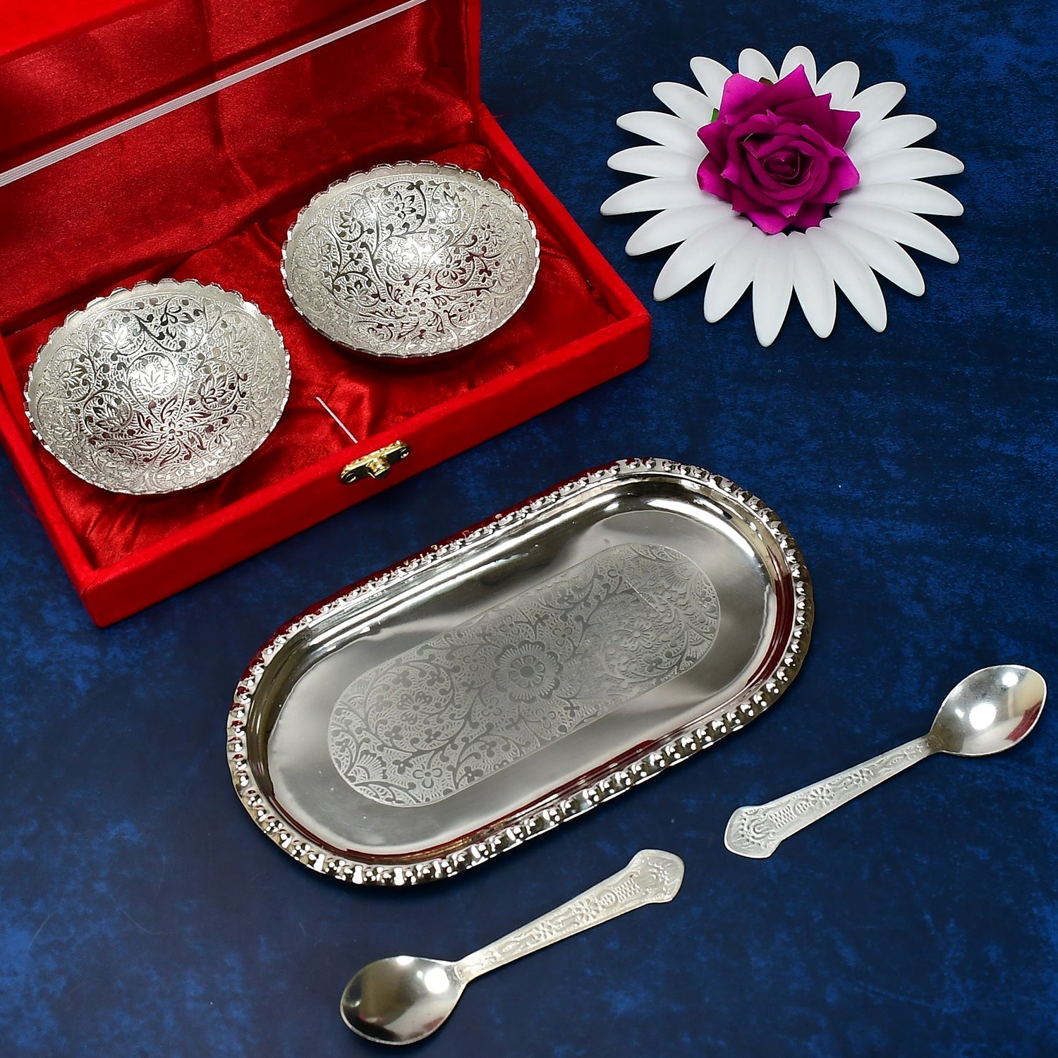 Silver plated tray set with bowls and spoons.