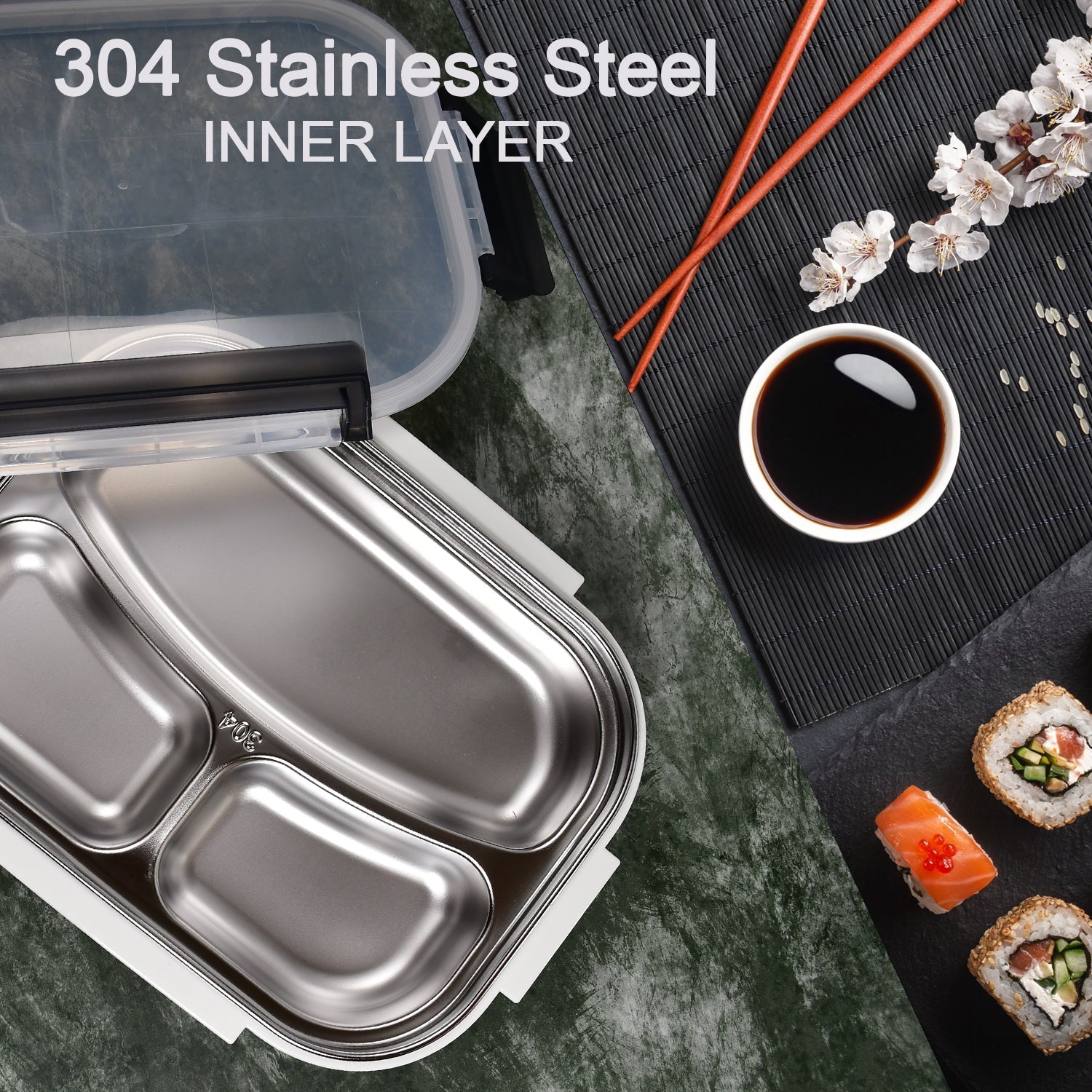 Stainless steel lunch box with 3 compartments and transparent lid