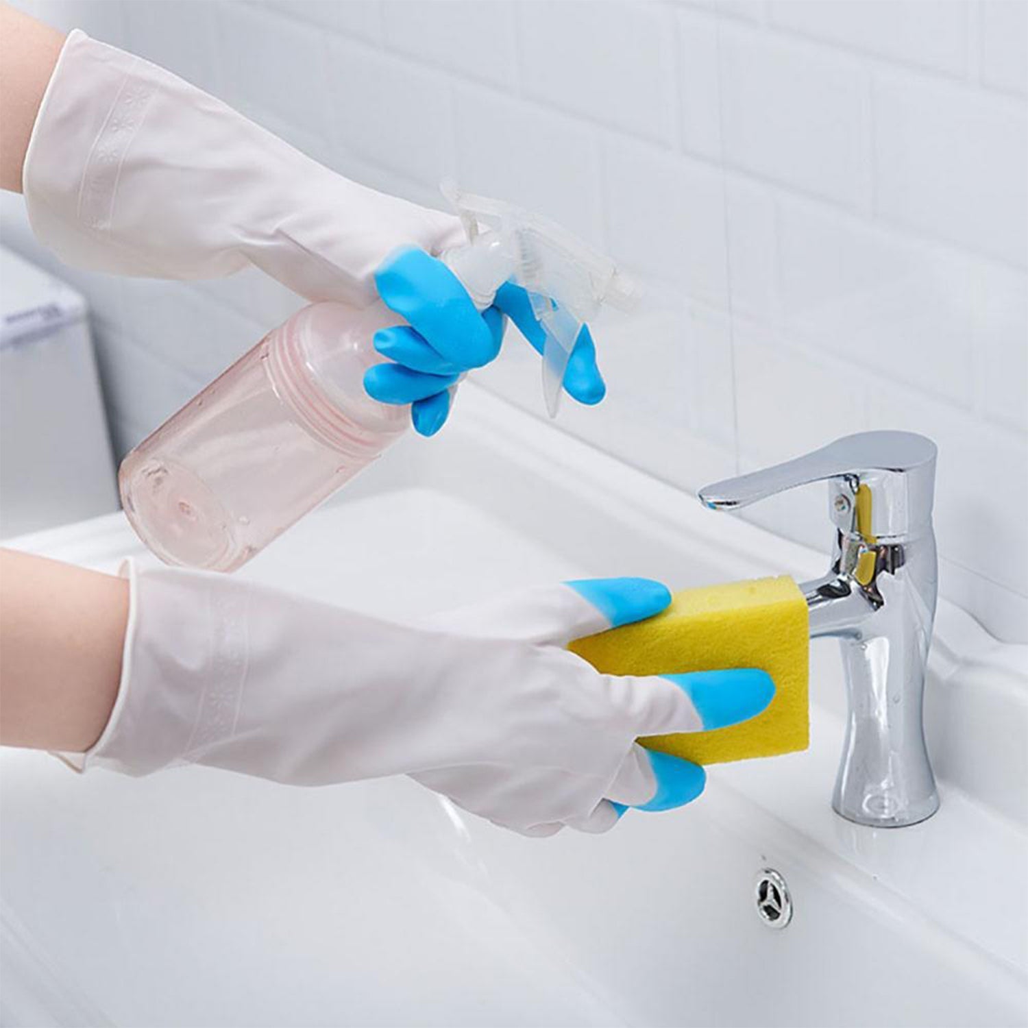 Reusable latex gloves for household chores, elbow-length for extra protection.