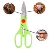 Multi-function kitchen scissors with integrated bottle opener, designed for various uses.