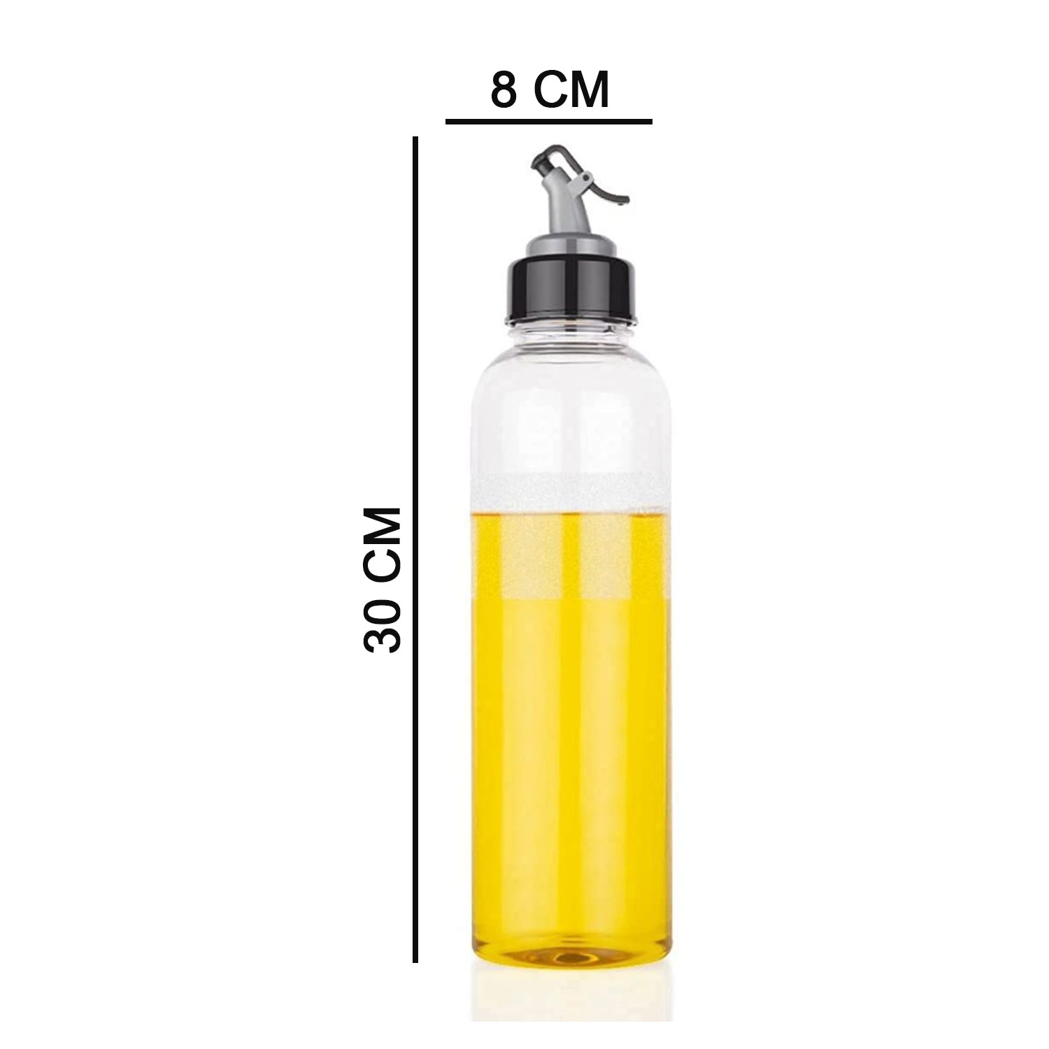 Plastic oil dispenser with a 1-liter capacity and a secure lid for easy use.