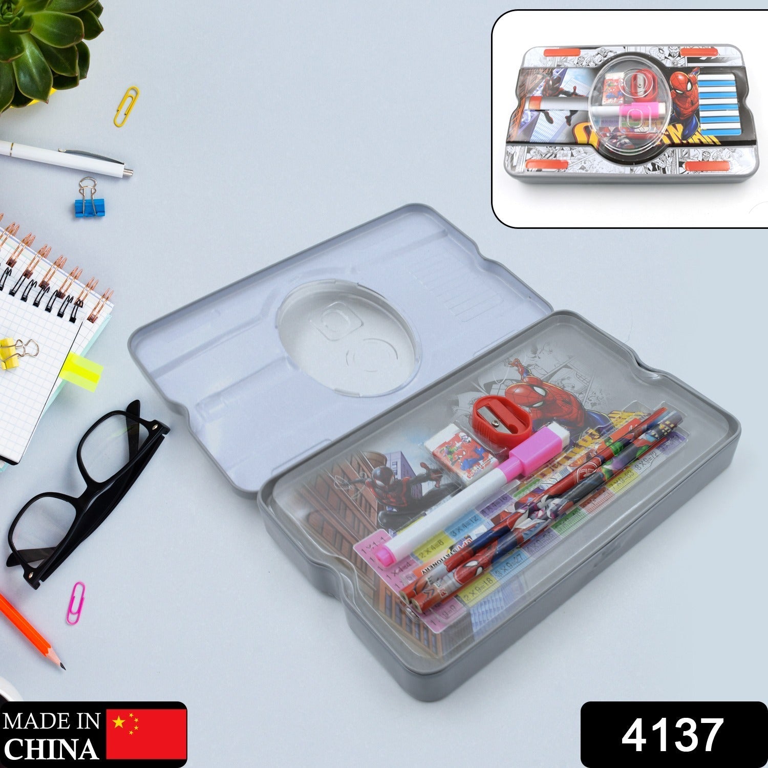 Colorful cartoon metal pencil case with stationery set including marker and scale