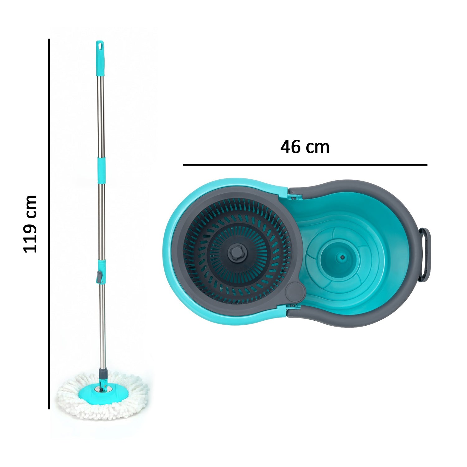 Spin mop with big bucket and easy wheels.