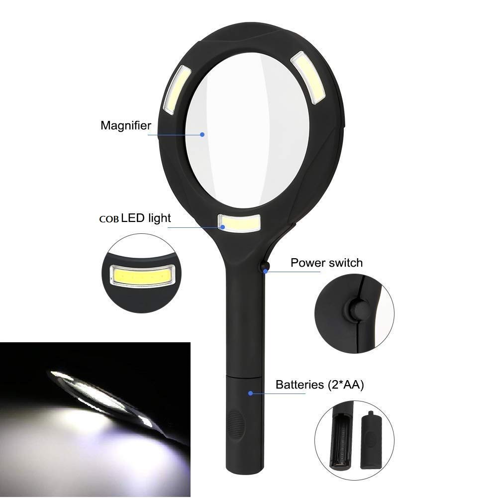 Magnifying glass with LED light and rubber handle.