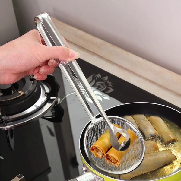 Stainless steel filter spoon with clip for kitchen use.