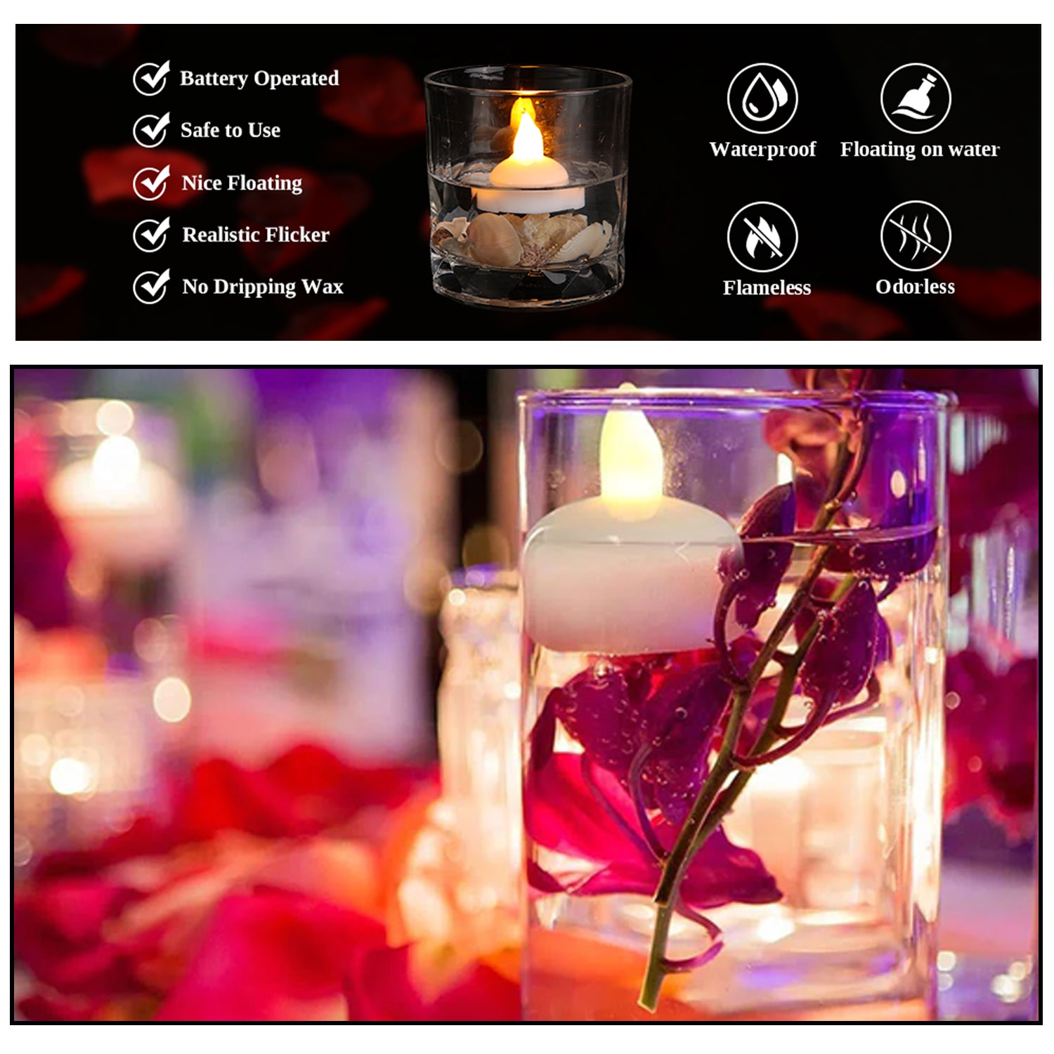 Elegant floating candles with flameless LED and battery power