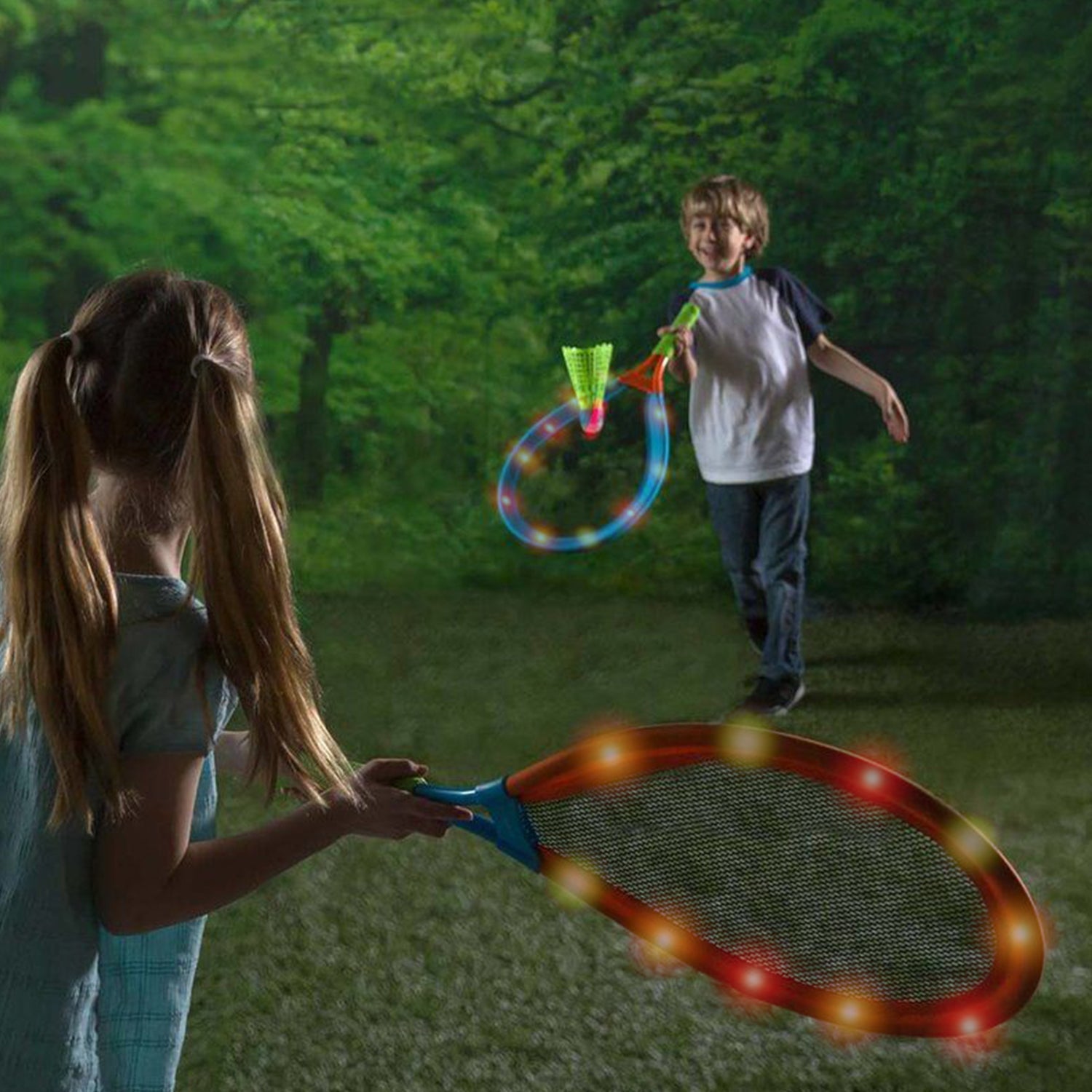 Kid-friendly badminton set with glowing shuttlecocks