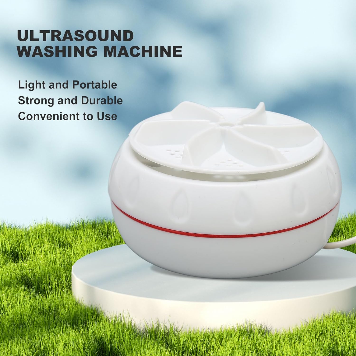 Mini washing machine with turbo function and USB cable, suitable for home, camping, and college use.